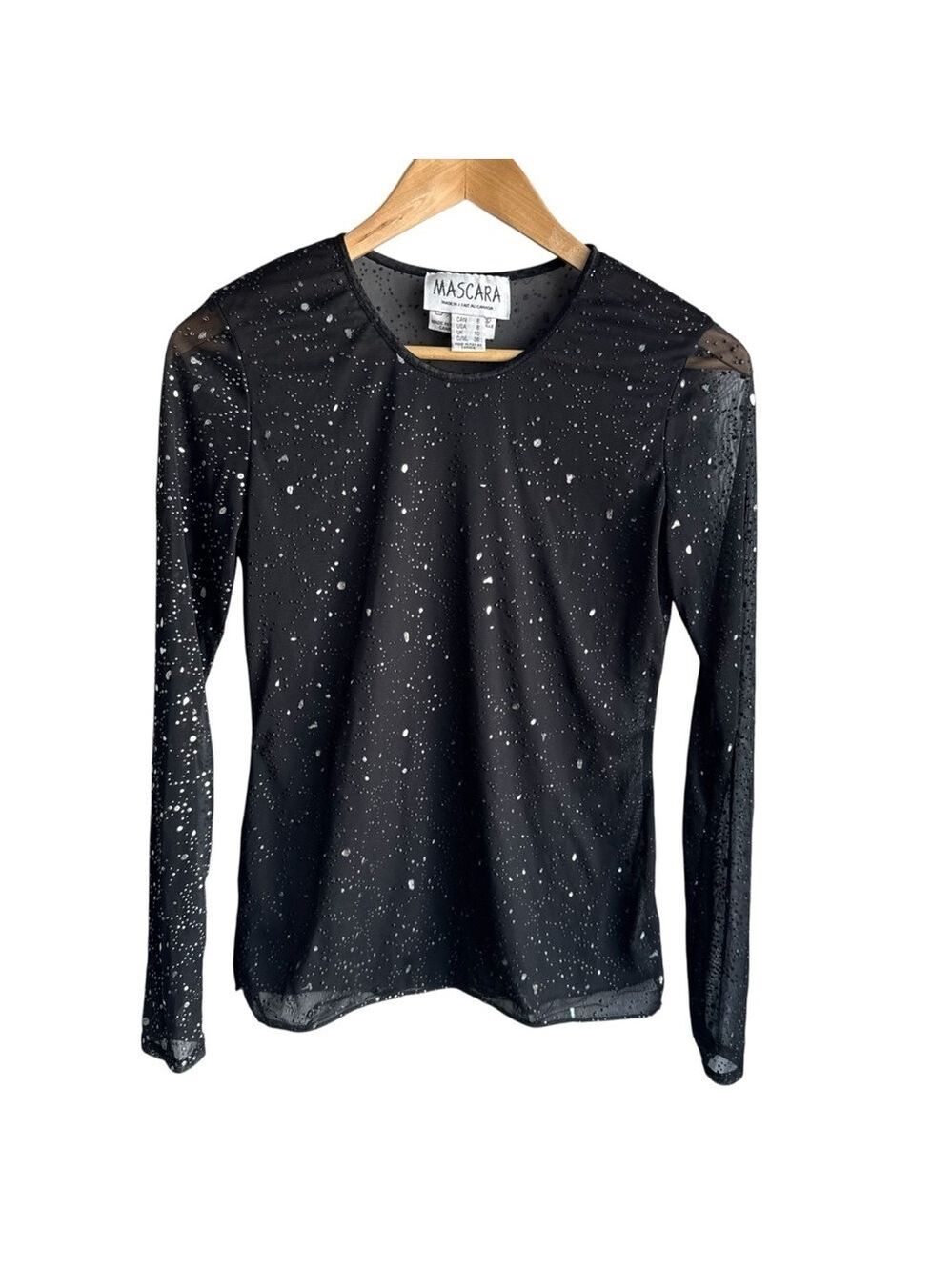 Vintage 90s Sheer Mesh Long Sleeve Top Womens M Black Metallic Splatter Lace EUC